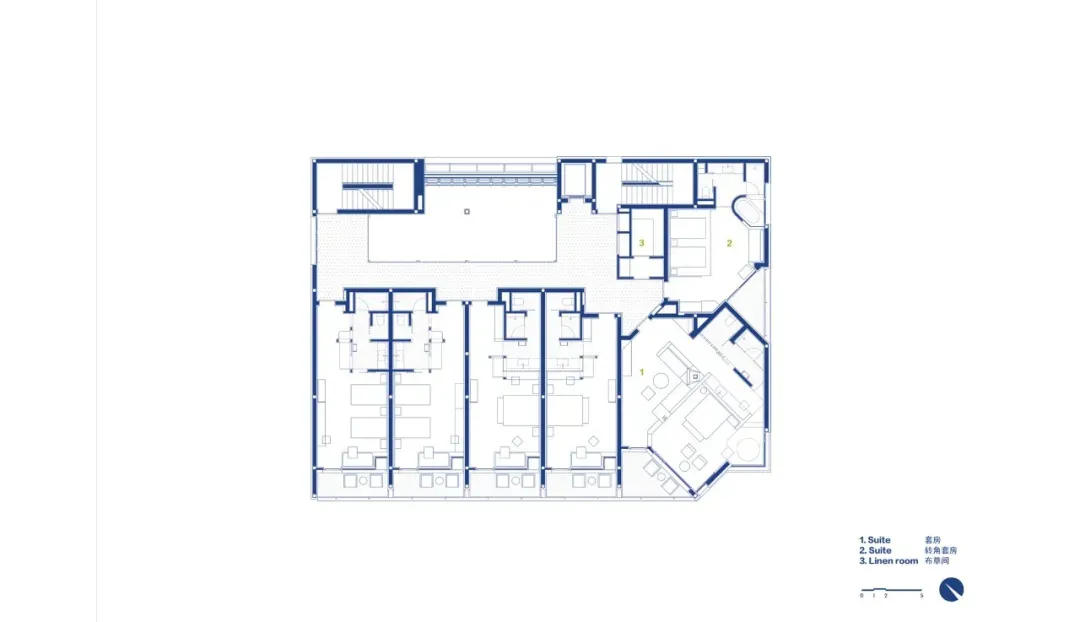 Detailed modern building floor plan with various rooms and spaces, featuring steel, concrete, and glass materials