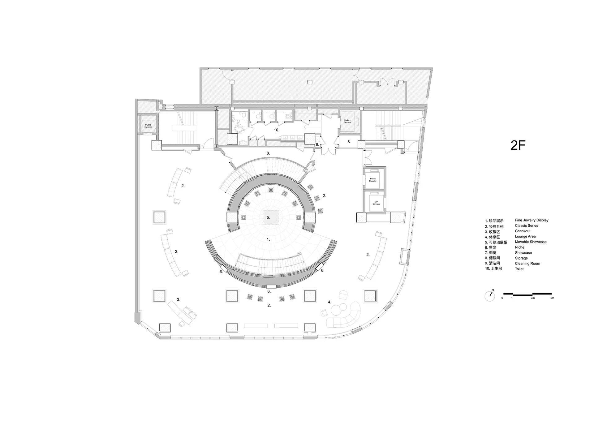 現代建築的2D平面圖，擁有大型開放空間及圓形中心，周圍環繞其他房間，線條乾淨、裝飾極簡