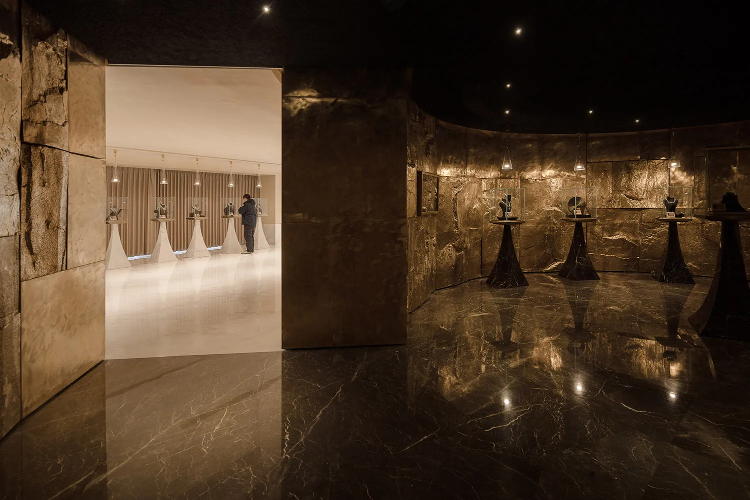Dimly lit hallway with vases and potted plants, featuring elegant and sophisticated artistic elements
