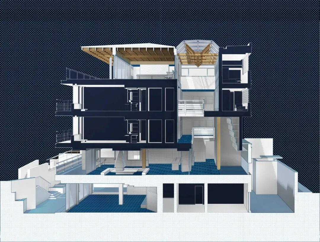 A modern building with multiple stories, featuring rooms, staircases, and large windows, with a predominantly white and blue color scheme and natural lighting