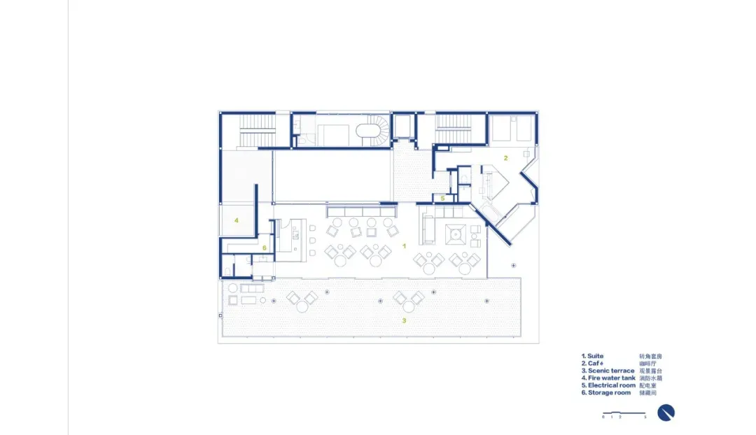 2D floor plan of a modern restaurant dining area with tables and chairs, designed for multiple guests, with linework and labels indicating furniture and layout details