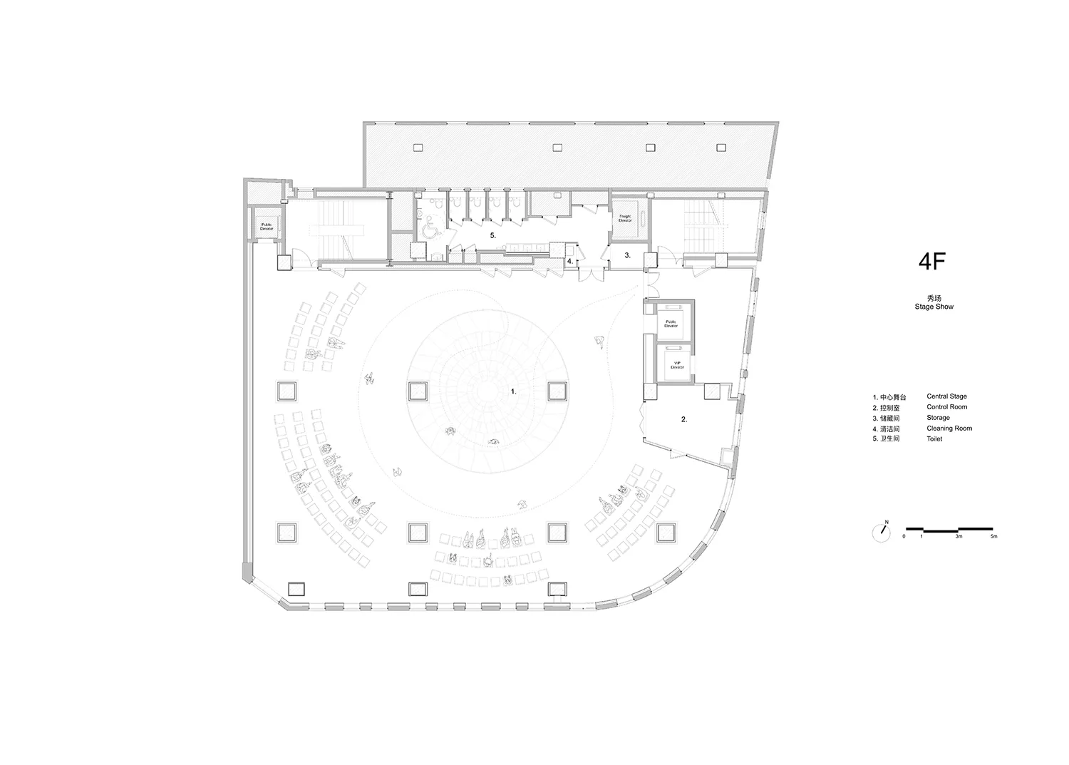 2D top-down floor plan of a modern space with a circular center, surrounded by other rooms, featuring furniture, labels, and measurements