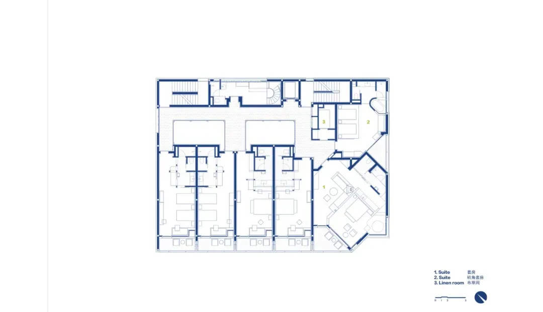 Top-down blueprint of a modern building with concrete construction, featuring a multi-story layout with various rooms and hallways, dim lighting, and linework, labels, and measurements
