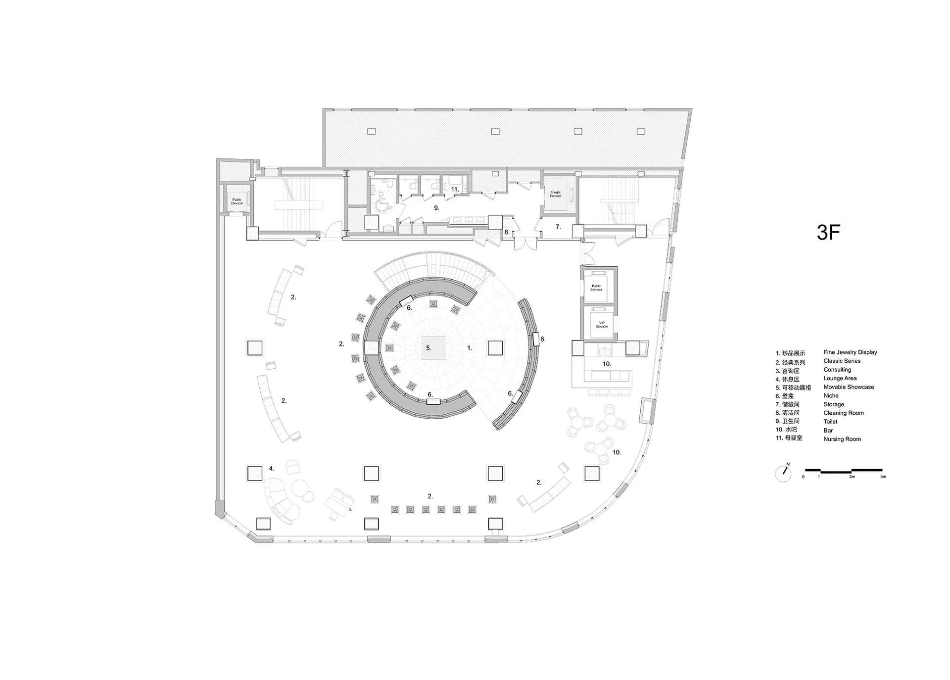 現代建築的 2D 俯視樓層平面圖，中央為圓形設計，周圍環繞其他房間，採用混凝土與玻璃材質，自然採光，營造開闊舒適的氛圍