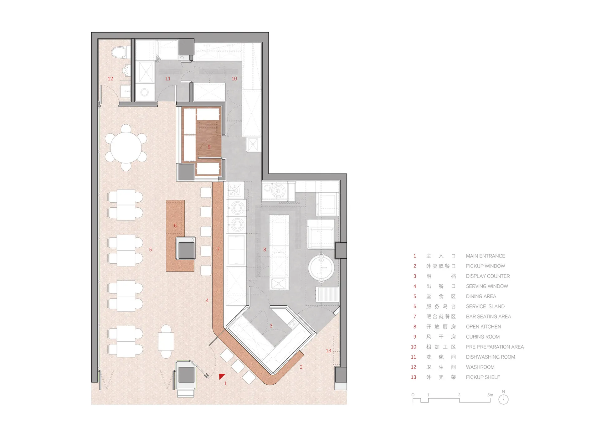 現代酒店空間的2D俯視平面圖，結合廚房、餐廳與客廳區域，採用白色表面與自然採光