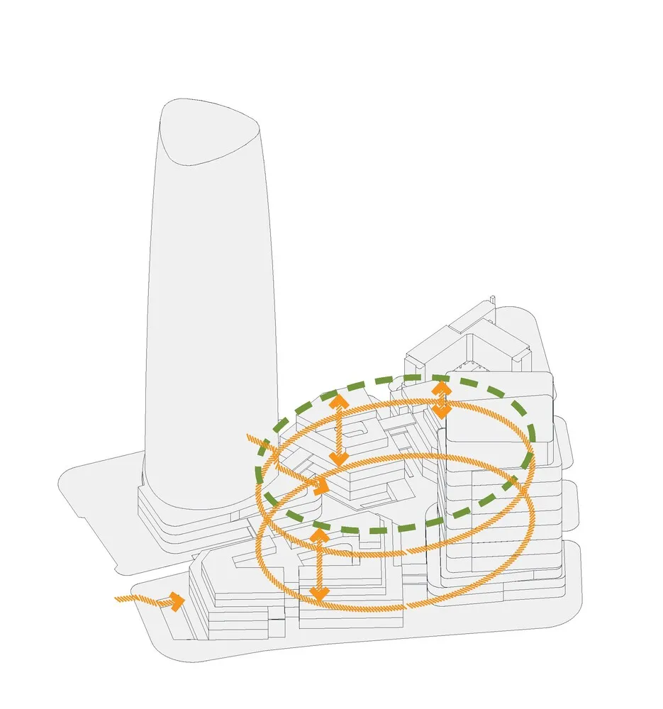 黑白現代建築平面圖，線條簡潔，採用混凝土、玻璃與金屬材質，透過窗戶與門引入自然光線