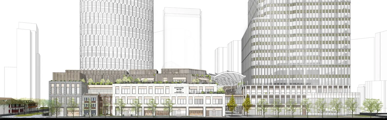 A modern building with a large glass facade, rooftop terrace, and glass atrium, featuring white surfaces and natural light