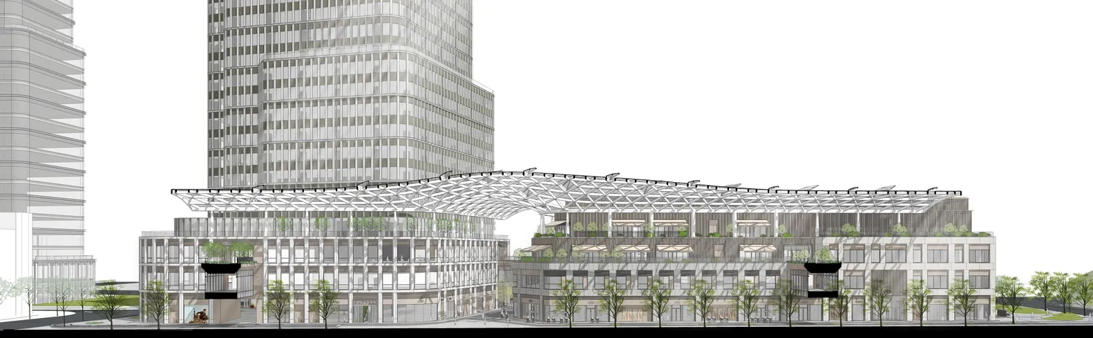 A modern commercial building with a large glass roof, surrounded by trees, creating a spacious and open atmosphere
