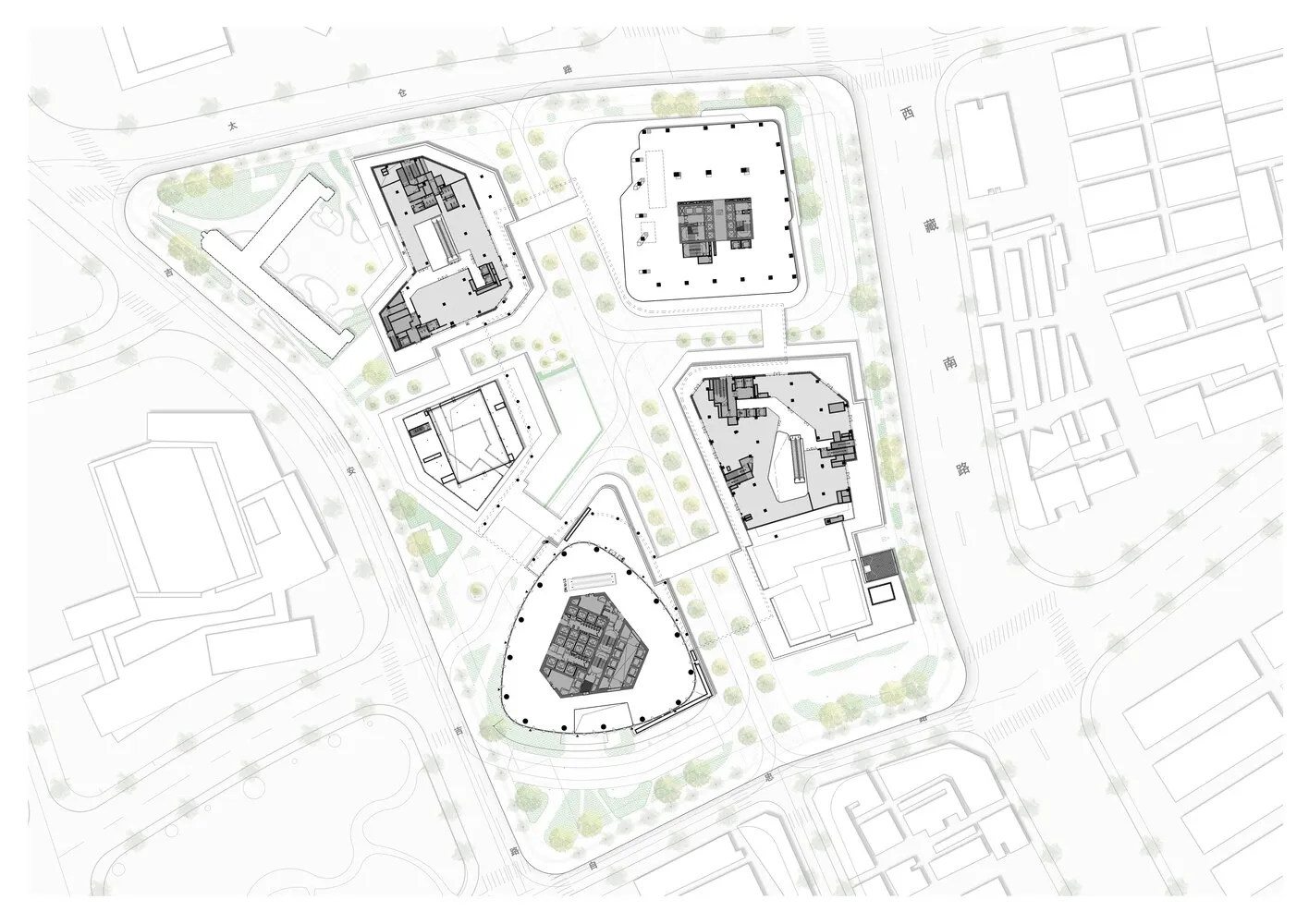Detailed modern floor plan of a building with concrete structure, divided into various areas, including a courtyard, with natural lighting and clear layout