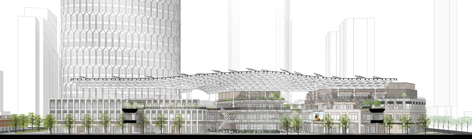 Modern city building with a glass roof, steel beams, and concrete walls, set against a busy street background with natural light streaming in