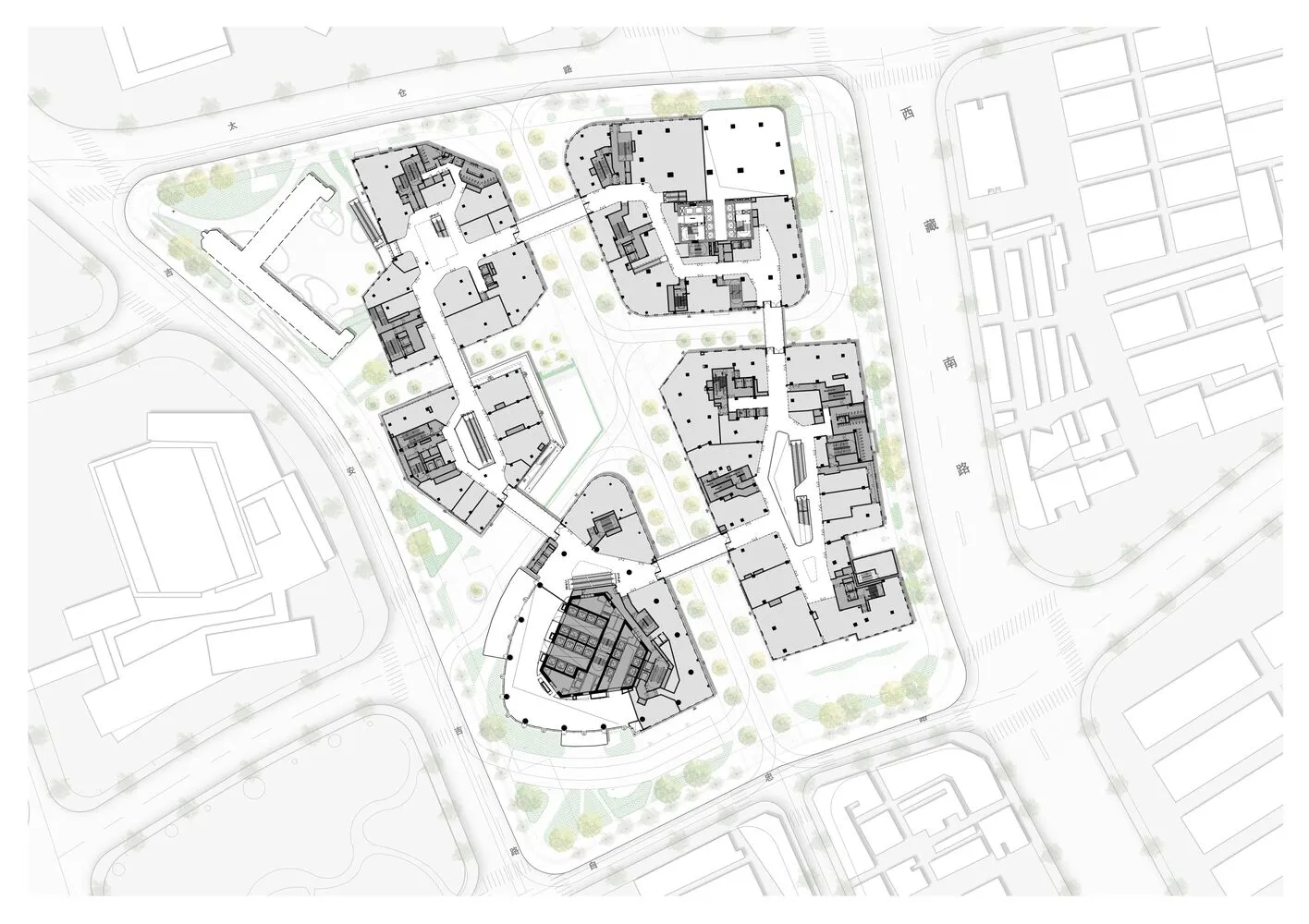 A modern, multi-story residential building floor plan with a white and black color scheme, featuring clean lines and minimalistic design elements