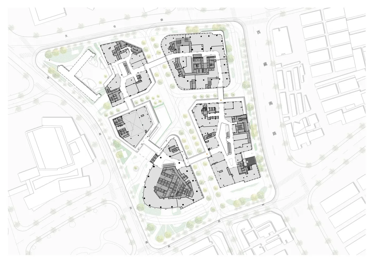 Hand-drawn floor plan of a residential complex with multiple rooms, simple layout, and minimalistic style