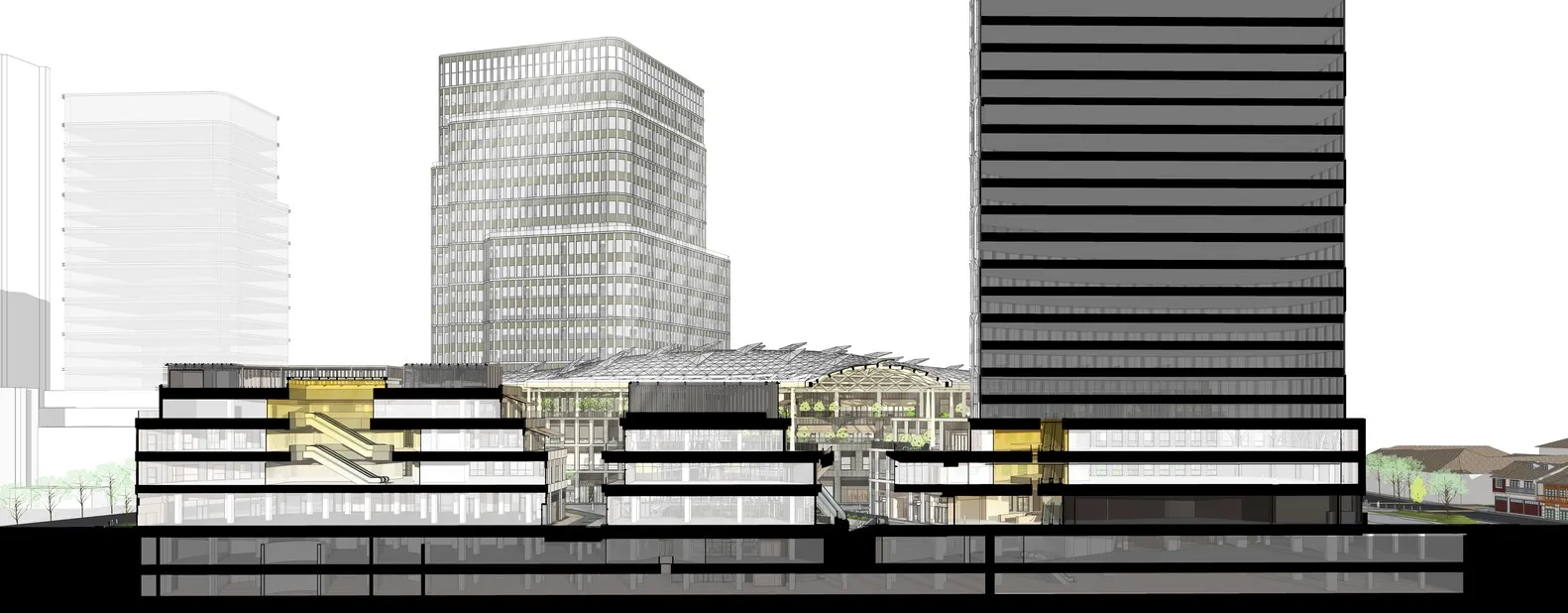 A bustling downtown cityscape with a modern building featuring a glass roof, surrounded by other buildings with various architectural details