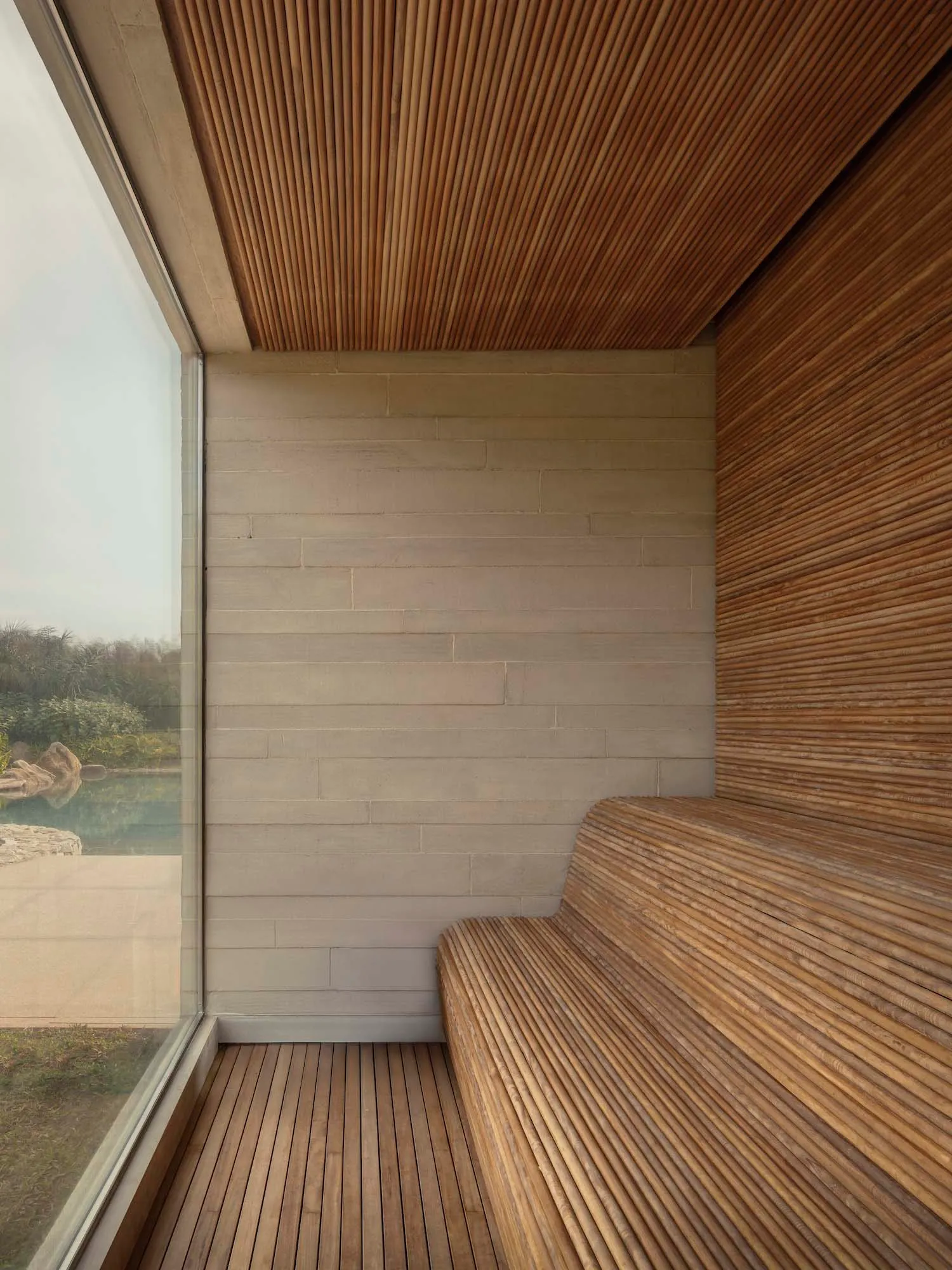 Cozy room with a wooden bench and wooden wall, soft and diffused lighting, and a warm atmosphere
