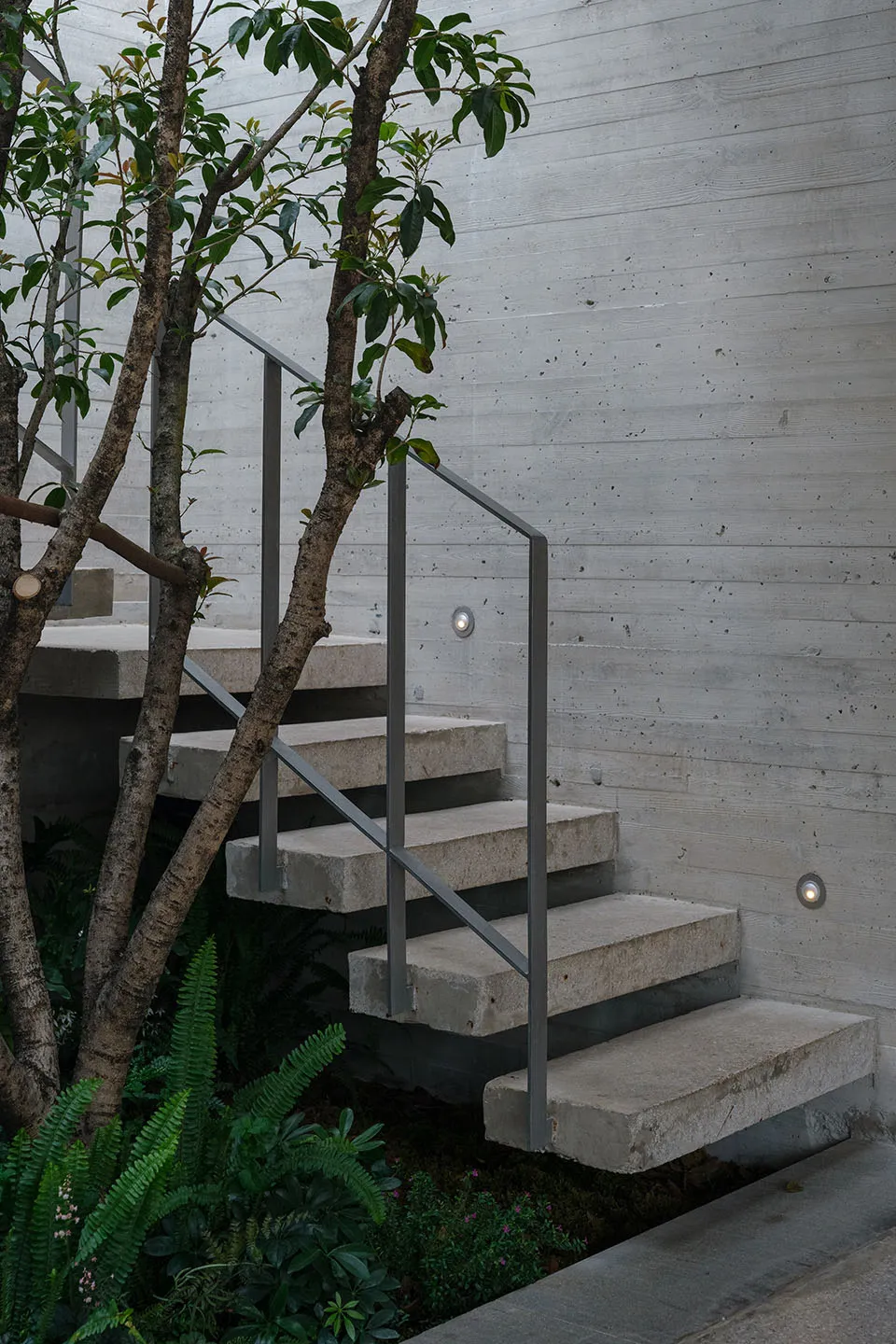 A concrete staircase with a metal railing and a potted tree growing in front of it, set in an outdoor urban scene