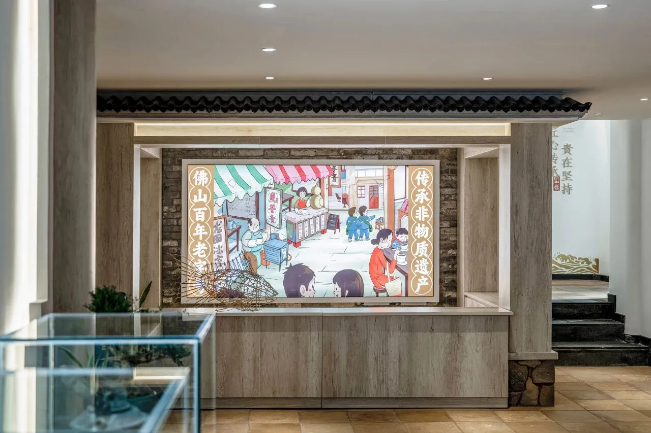 現代餐廳2D平面圖，結合木與石材，設有大型餐區與多張桌椅