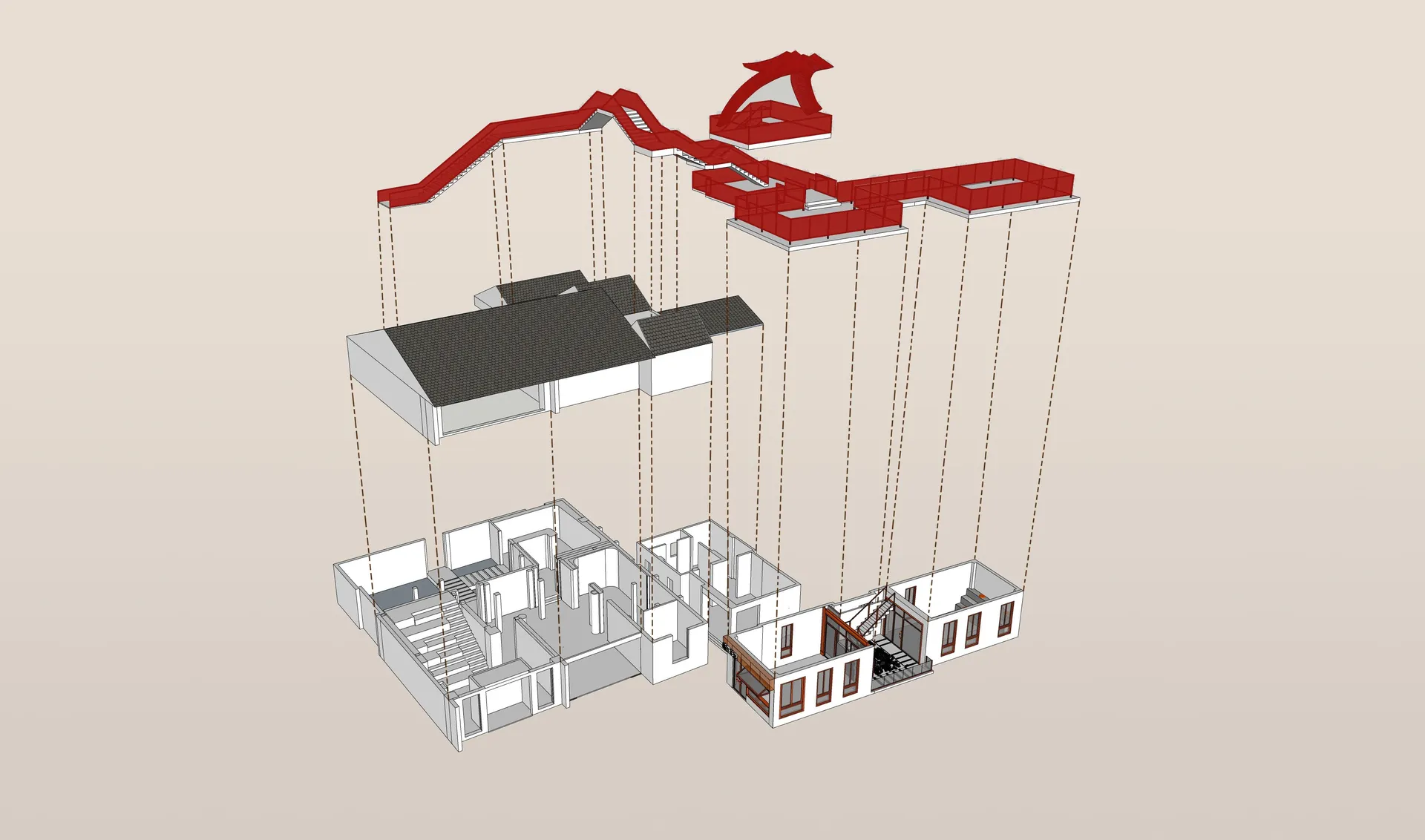 A modern house with a red roof and white walls, featuring a cozy living room with a couch and chair, and natural and artificial lighting