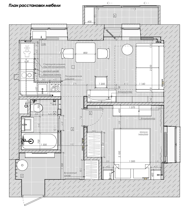 2D top-down floor plan of a modern residential house with wood, concrete, and metal elements, featuring room outlines, labels, and measurements