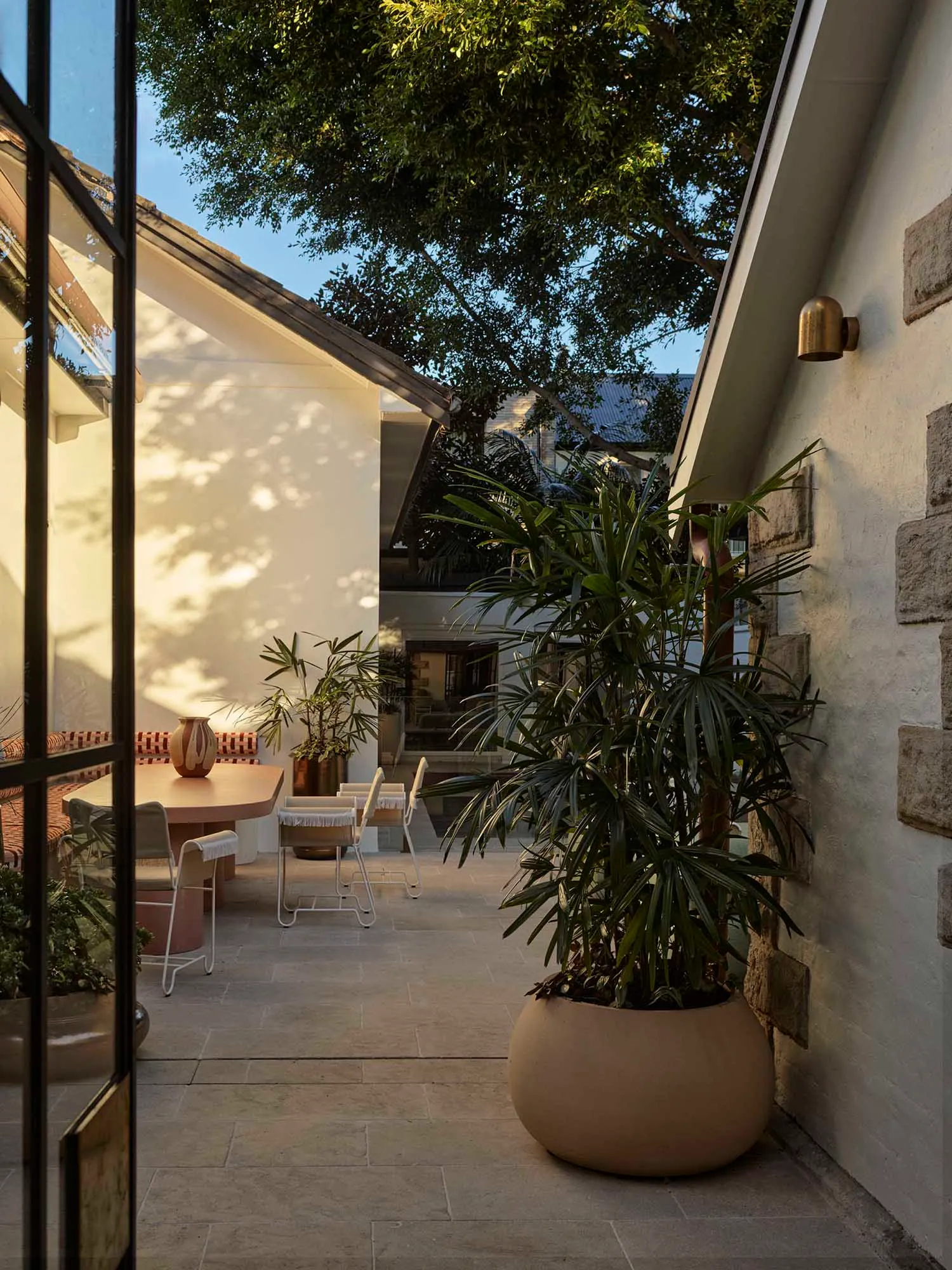 A residential patio with a dining table and chairs, surrounded by a potted plant, with a house in the background, featuring a mix of wood and stone elements, and natural sunlight creating a warm atmosphere