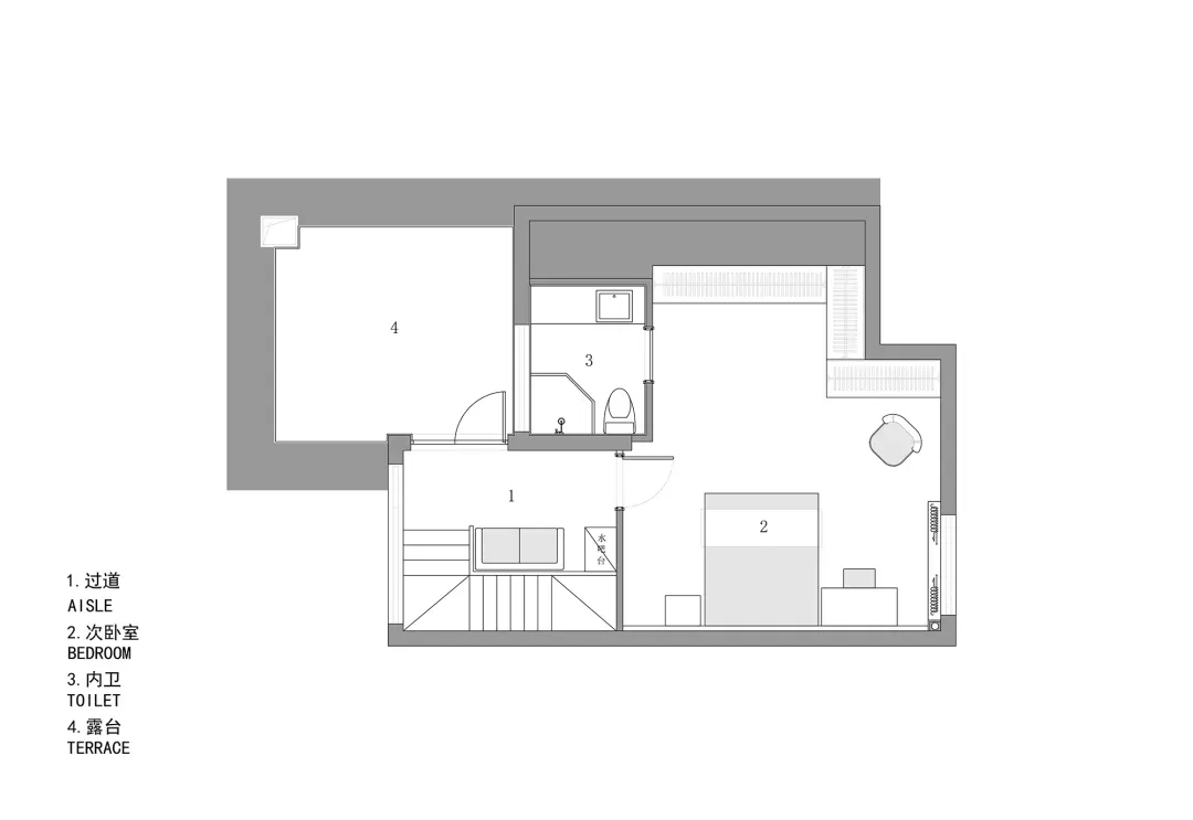 現代住宅2D平面圖，白色牆面、木地板，標註廚房、客廳與衛浴等空間