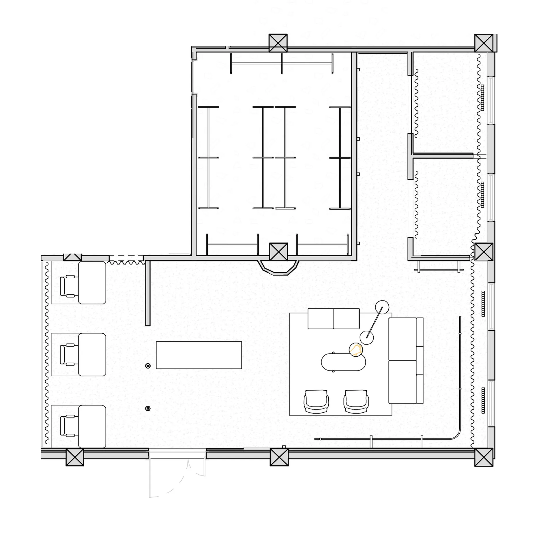 White floor plan of a modern house with a living room, kitchen, and dining room, featuring clean lines and minimal decoration