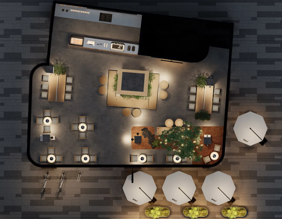 A modern living space with a dining area, kitchen, and living space, featuring natural light, furniture, and a contemporary style