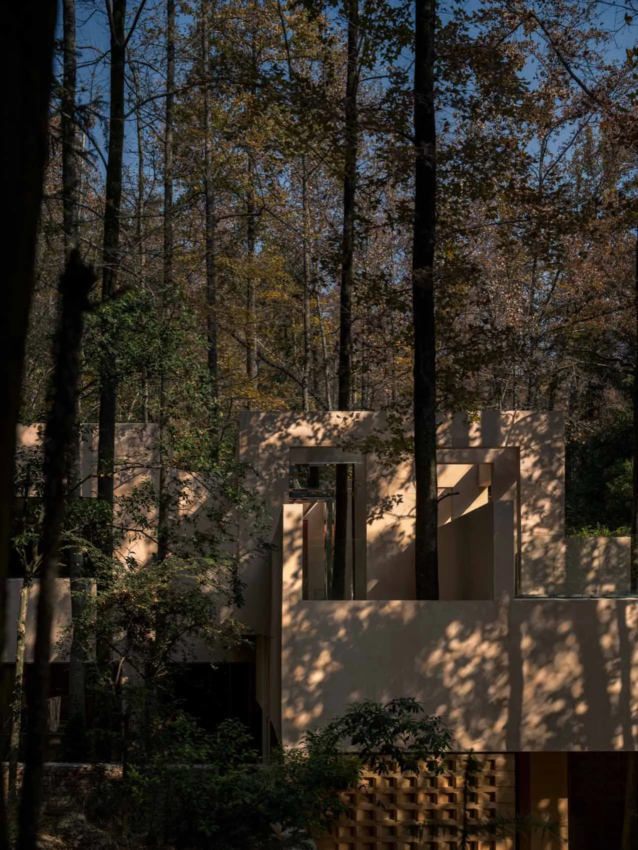A calm and inviting residential space with a mix of concrete and wood materials, natural light, and a large window