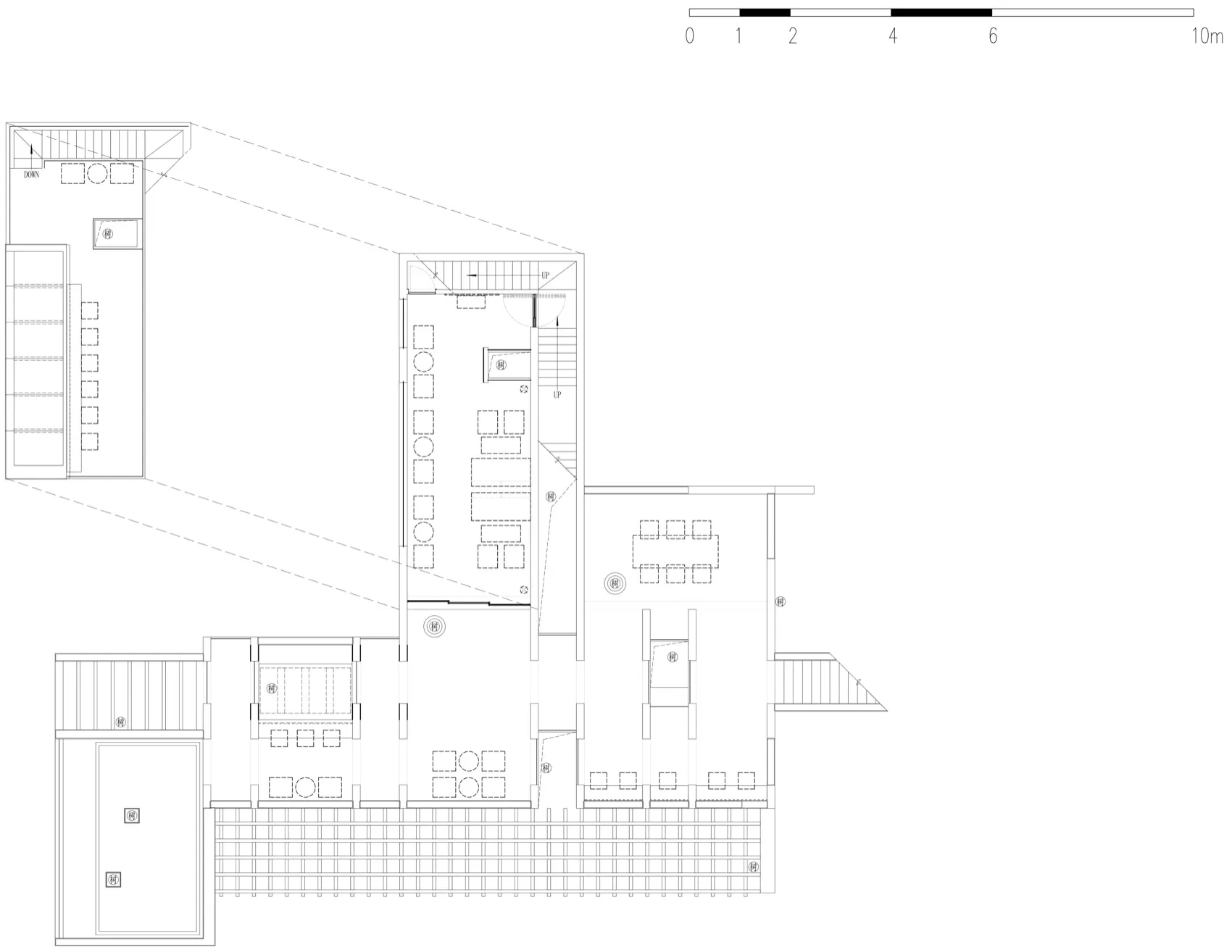 Large modern restaurant space with dining area, chairs, and tables, with dim lighting and predominantly white materials