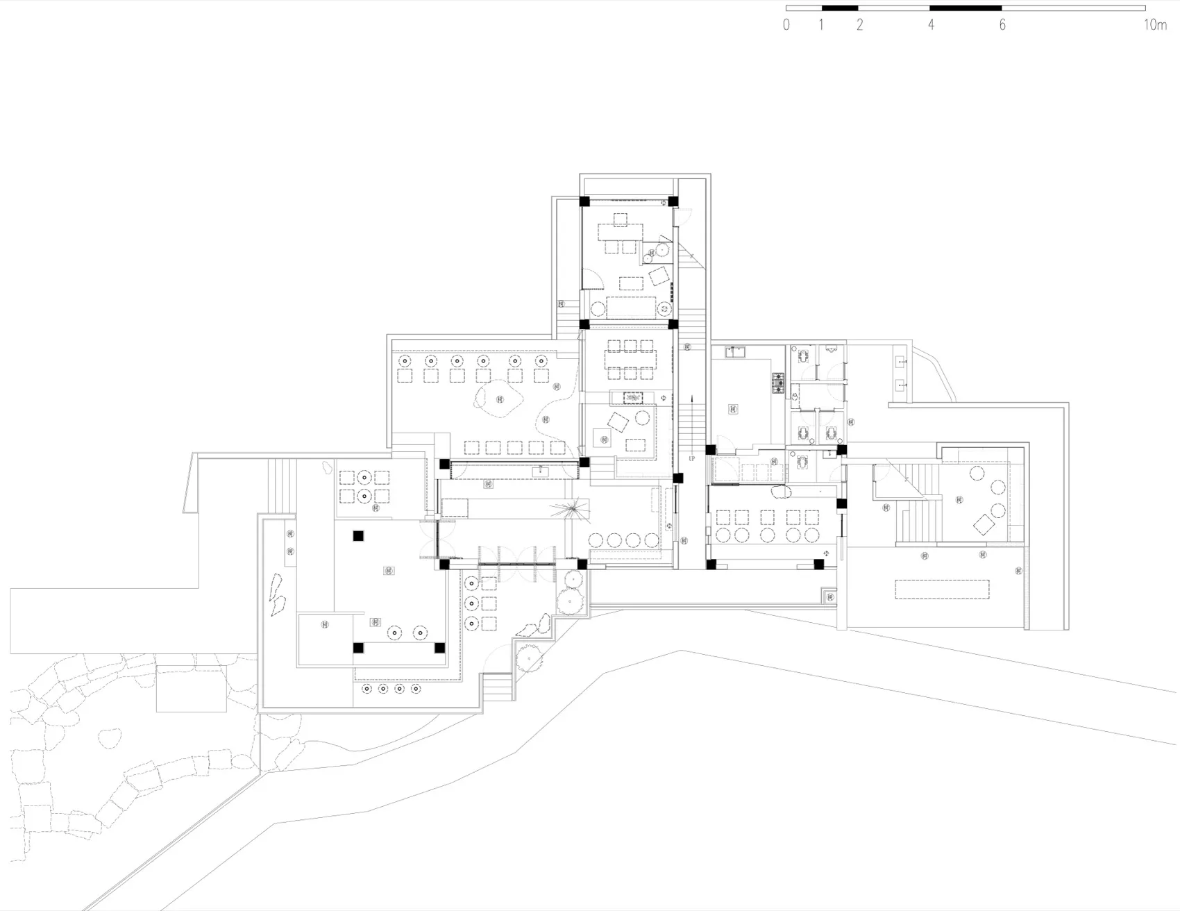 Detailed hand-drawn floor plan of a three-story house with various rooms and spaces, featuring a simple and functional design