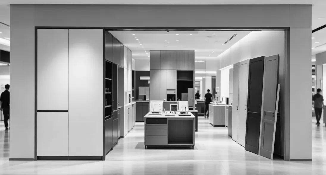 A bright and inviting furniture store with a large open floor plan, featuring a variety of furniture and a white carpet, with natural light coming in through the windows