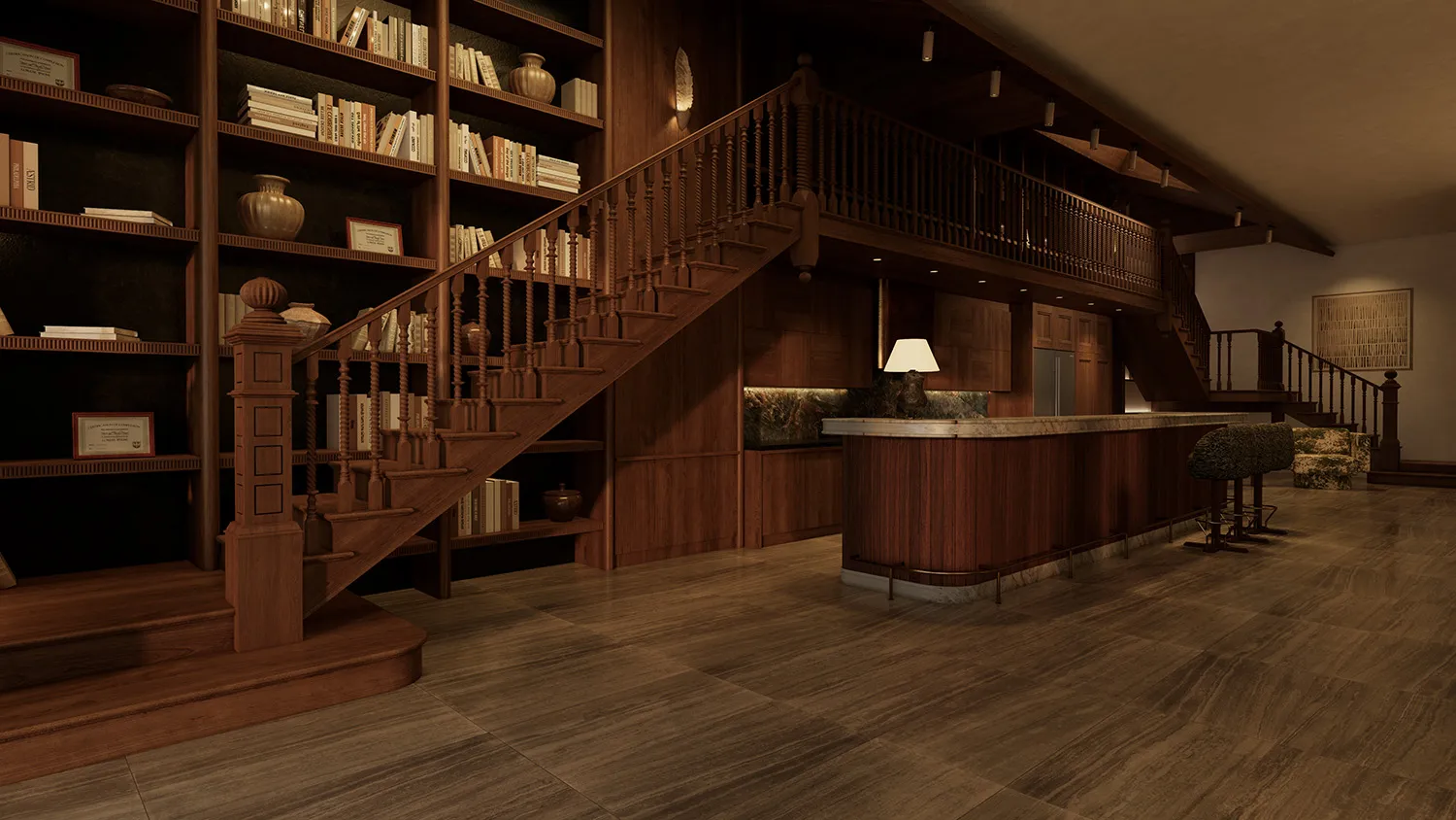 A well-lit room with wooden floors and walls, featuring a staircase, counter, and bookshelf, creating a warm and inviting atmosphere