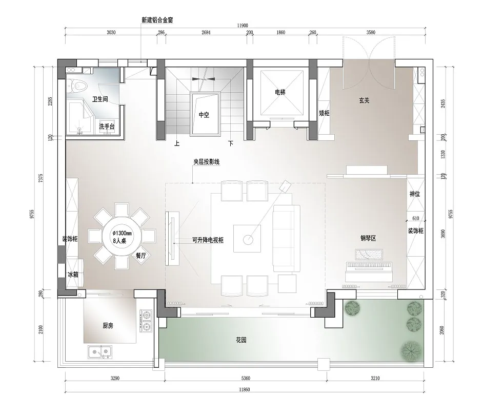 2D floor plan of a modern house with a living room, kitchen, and dining room, featuring neutral tones, natural lighting, and a focus on open space and functionality