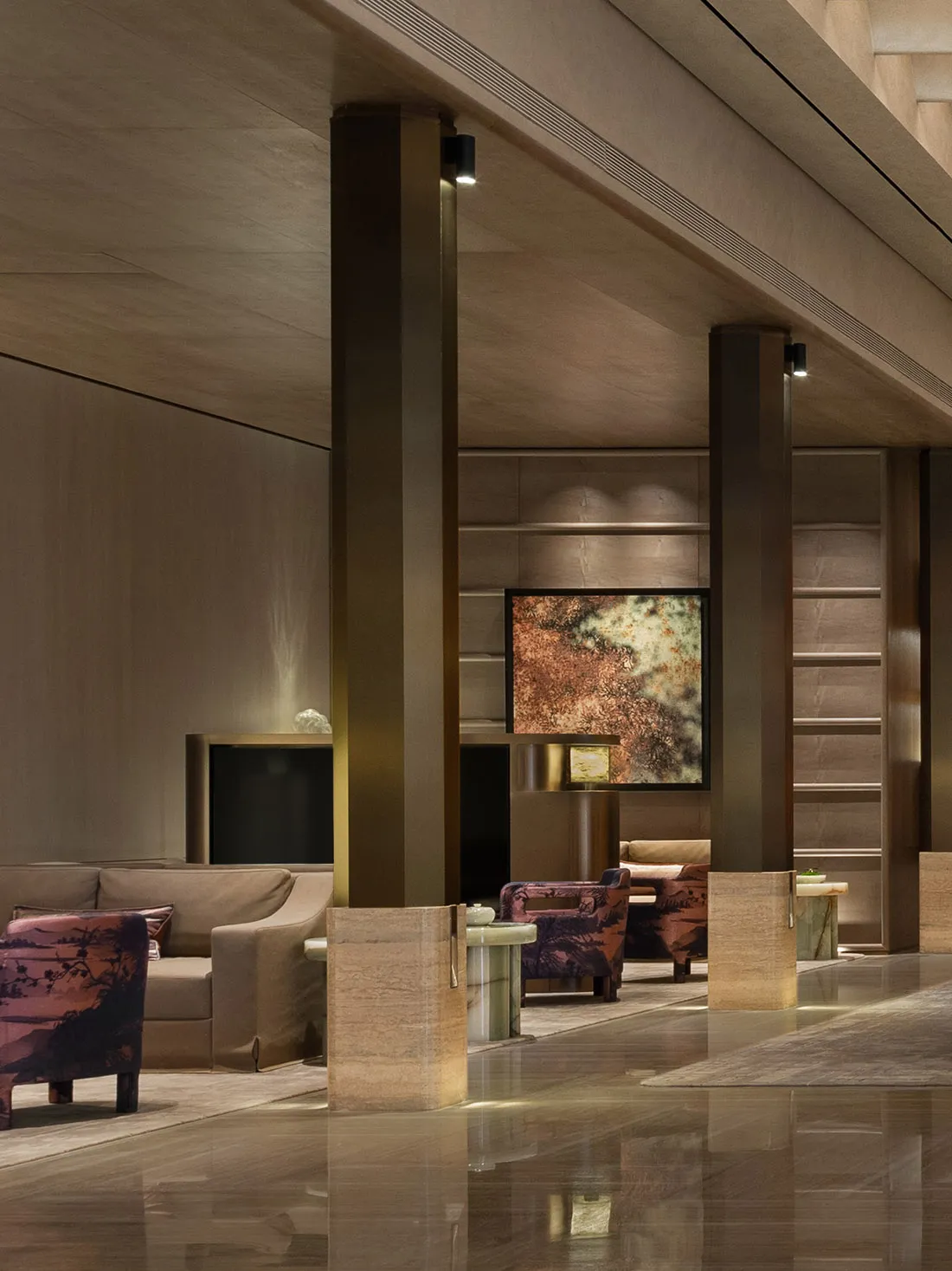 A well-lit modern room with a mix of wood and metal furniture, natural light, and a contemporary aesthetic