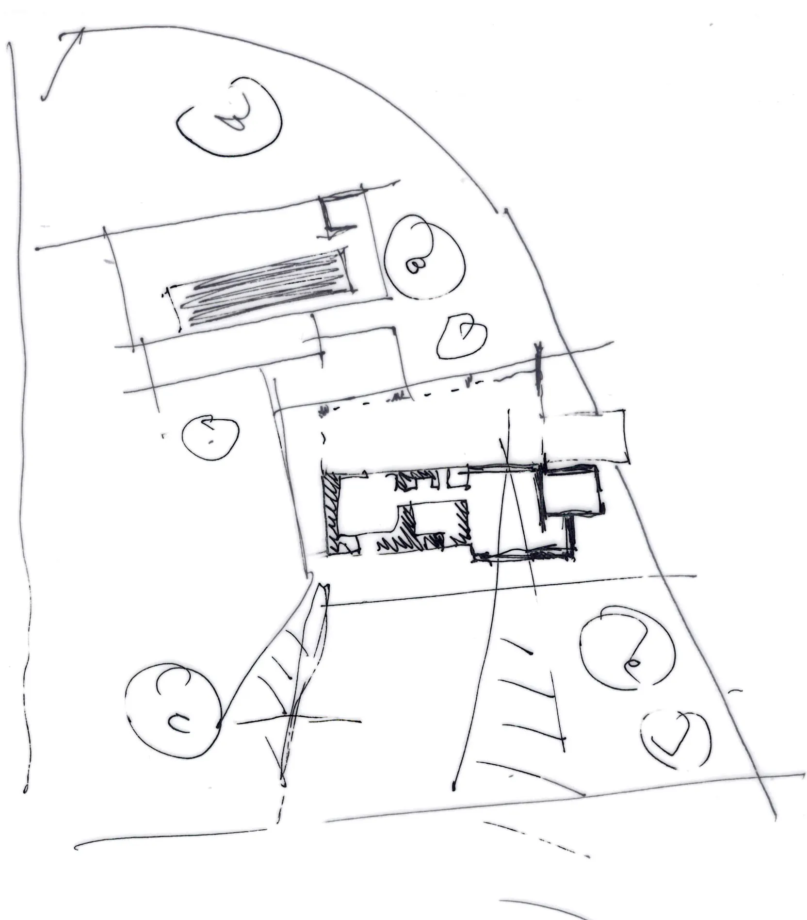 黑白線稿，呈現簡約開放平面室內配置，包含餐桌椅，以及附有沙發的小空間