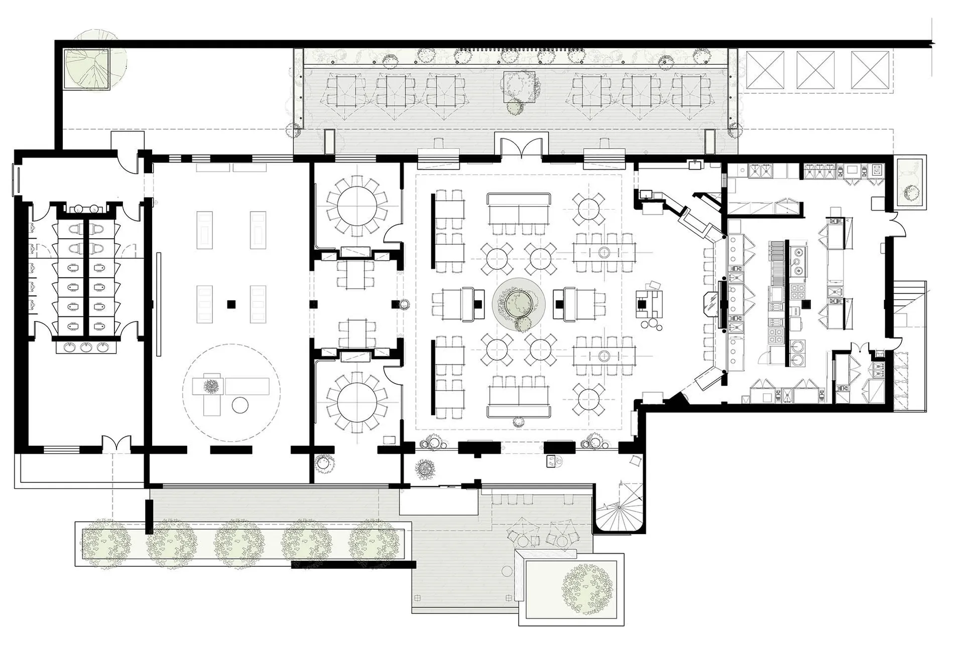 大型開放空間的井然有序平面圖，配置多張餐桌椅，專為用餐與社交設計，附有清晰標註與尺寸標示