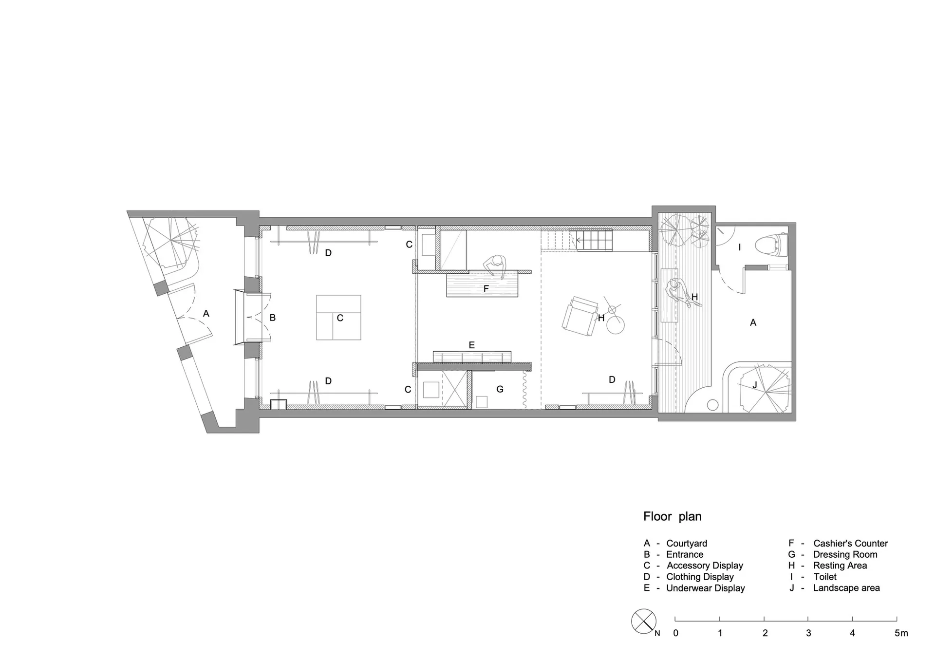 黑白建築平面圖顯示精品服飾店的各功能分區,包括中庭、入口、服裝與配件展示區、收銀台、更衣室、休息區、廁所及景觀區域,並附有五公尺比例尺與指北針。