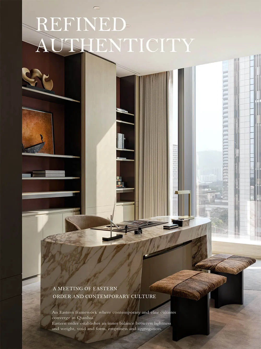 Modern luxury home office featuring a large Calacatta marble desk, built-in burgundy shelving with decorative objects, two brown leather stools, and expansive floor-to-ceiling windows overlooking a city skyline.