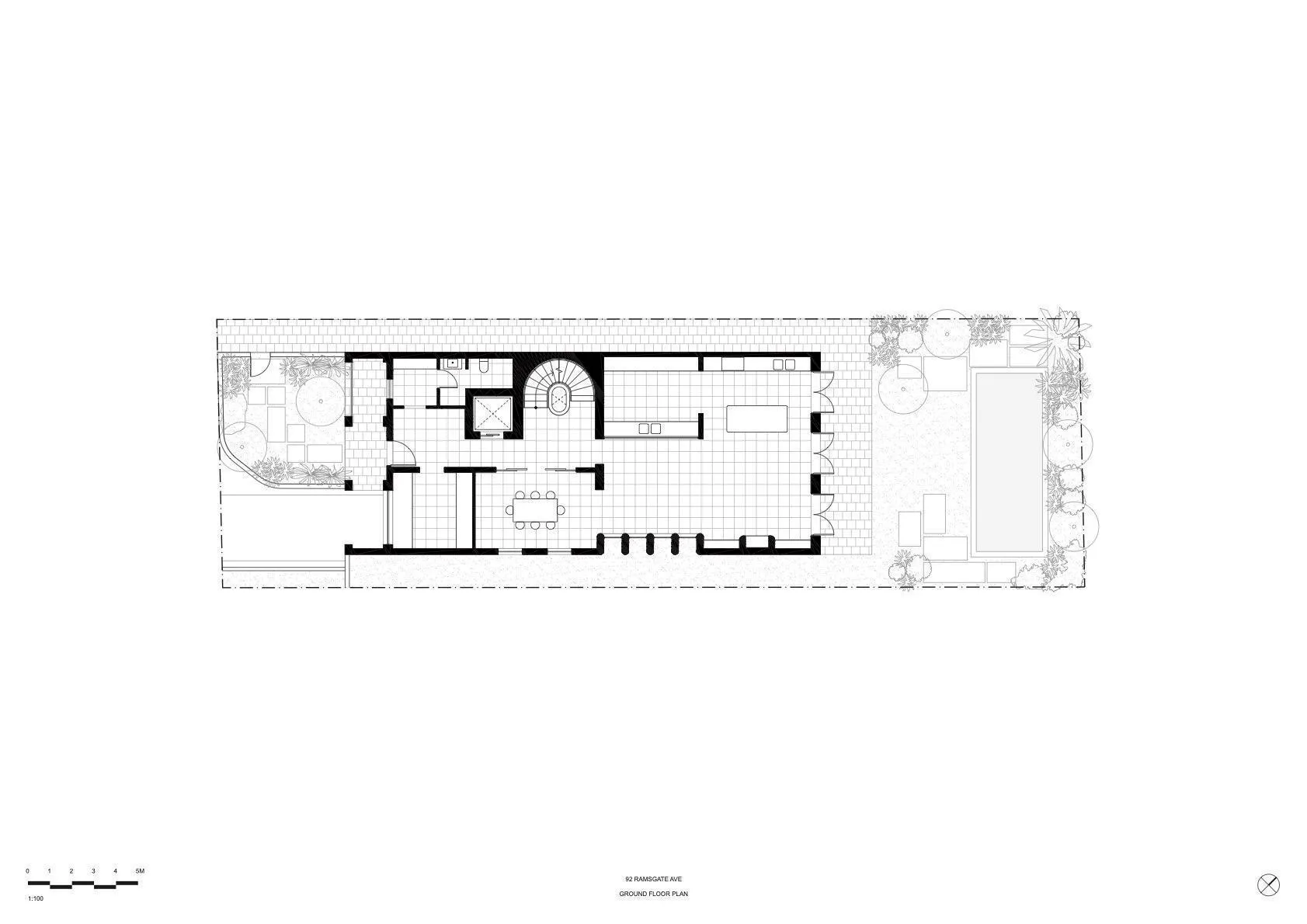 Black and white technical ground floor plan drawing of 92 Ramsgate Ave, showing interior room layouts, circulation, courtyard, swimming pool, and landscaping.