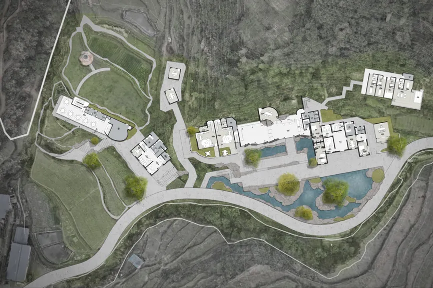 Architectural site plan of a luxury mountain resort with multiple villa buildings, pools, and landscaped gardens set within a hilly, terraced terrain.