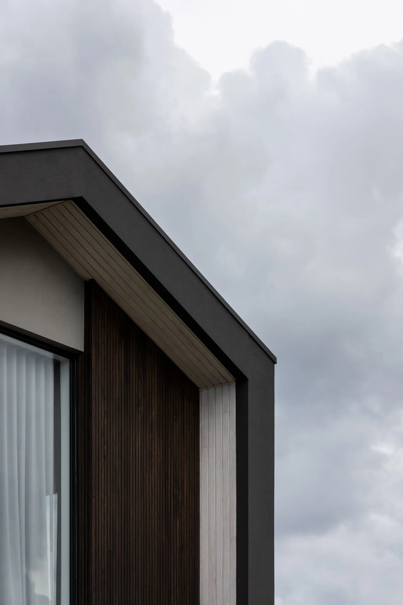 Close-up view of a modern building facade featuring dark vertical wood cladding, light-colored panels, and a dark roof overhang against a cloudy sky.