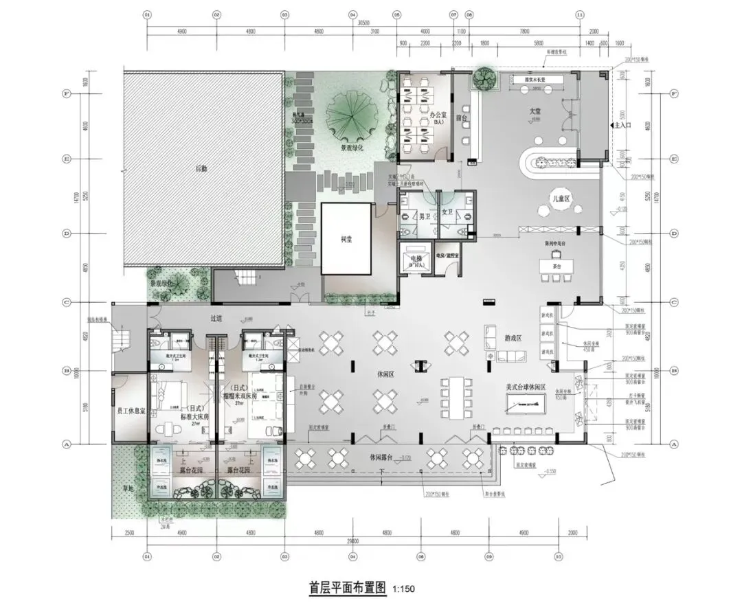 Black and white architectural floor plan of a luxury clubhouse showing first floor layout with dining areas, leisure zones, Japanese-style rooms, garden courtyards, and circulation paths.