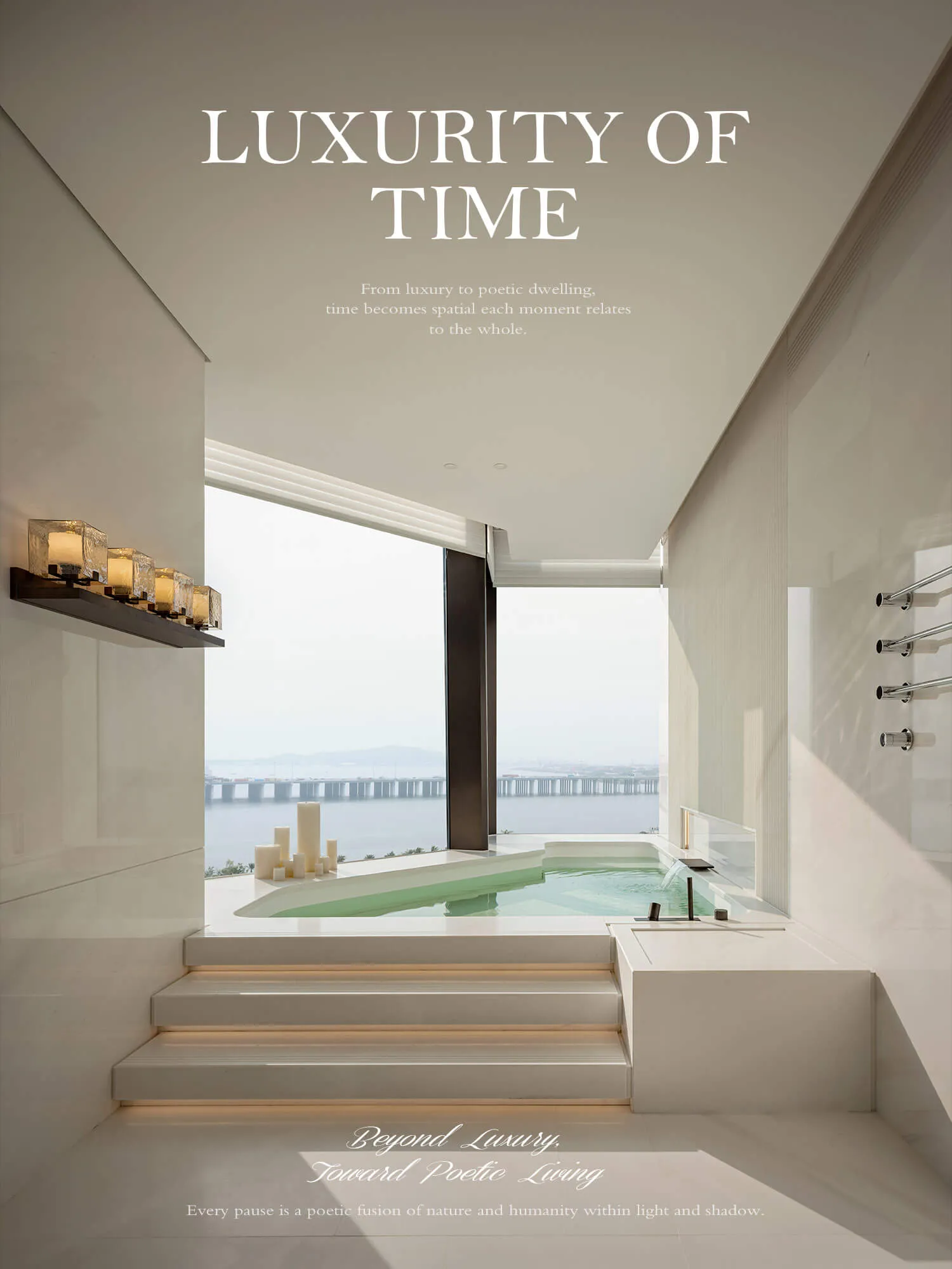 Modern luxury bathroom featuring a built-in green-tinted marble bathtub with ocean and bridge view, illuminated steps, and minimalist white marble walls.
