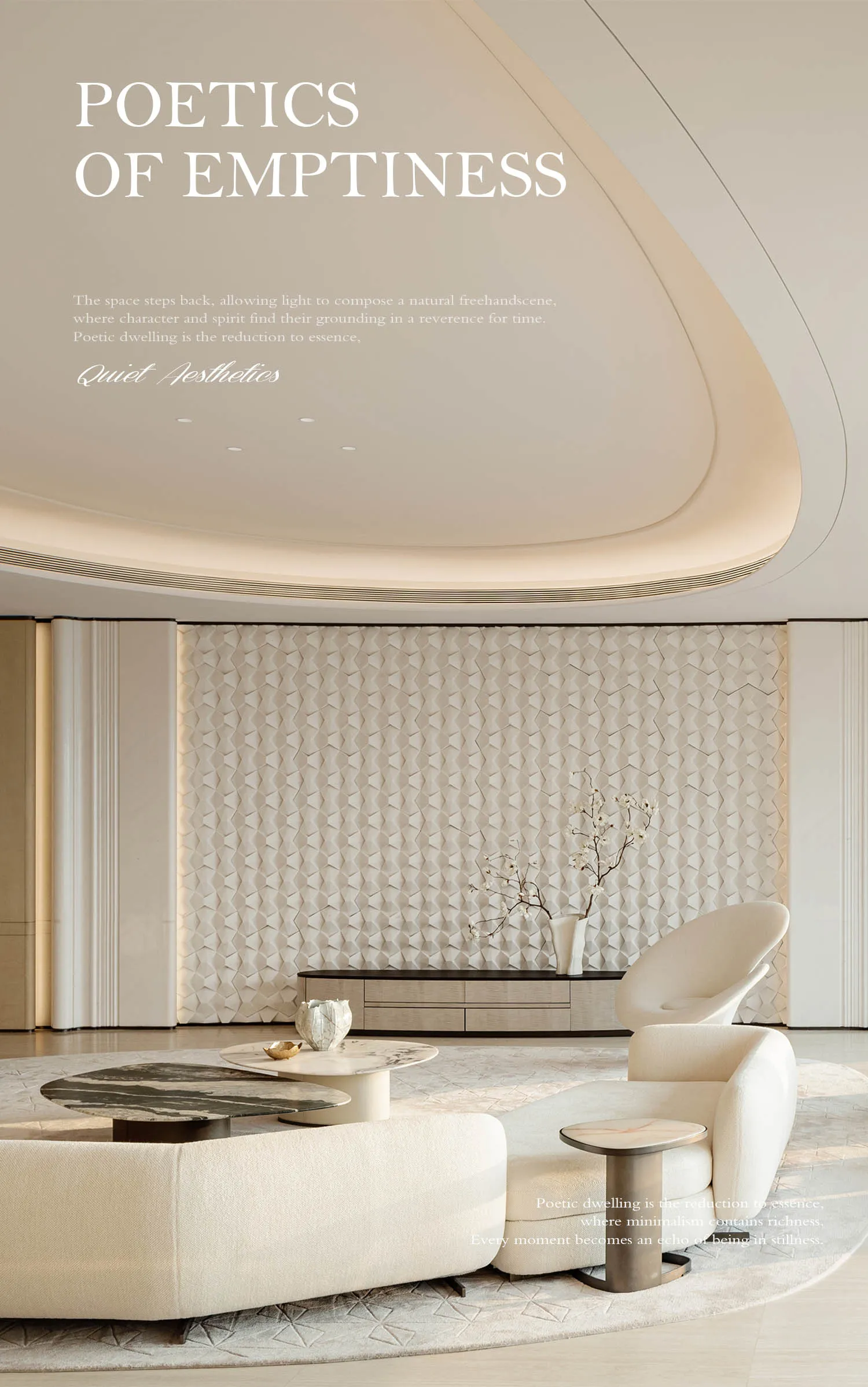 Modern minimalist living room featuring a curved off-white boucle sofa, sculptural lounge chair, marble coffee tables, and a large textured geometric feature wall in neutral tones.