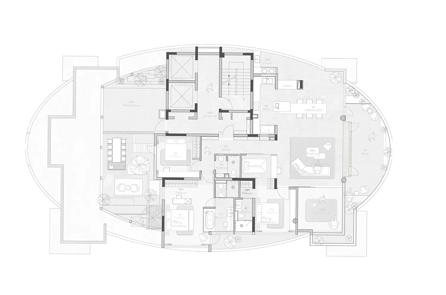 Black and white architectural floor plan of a luxury curved residential apartment showing living areas, bedrooms, bathrooms, kitchen, dining area, and multiple balconies.