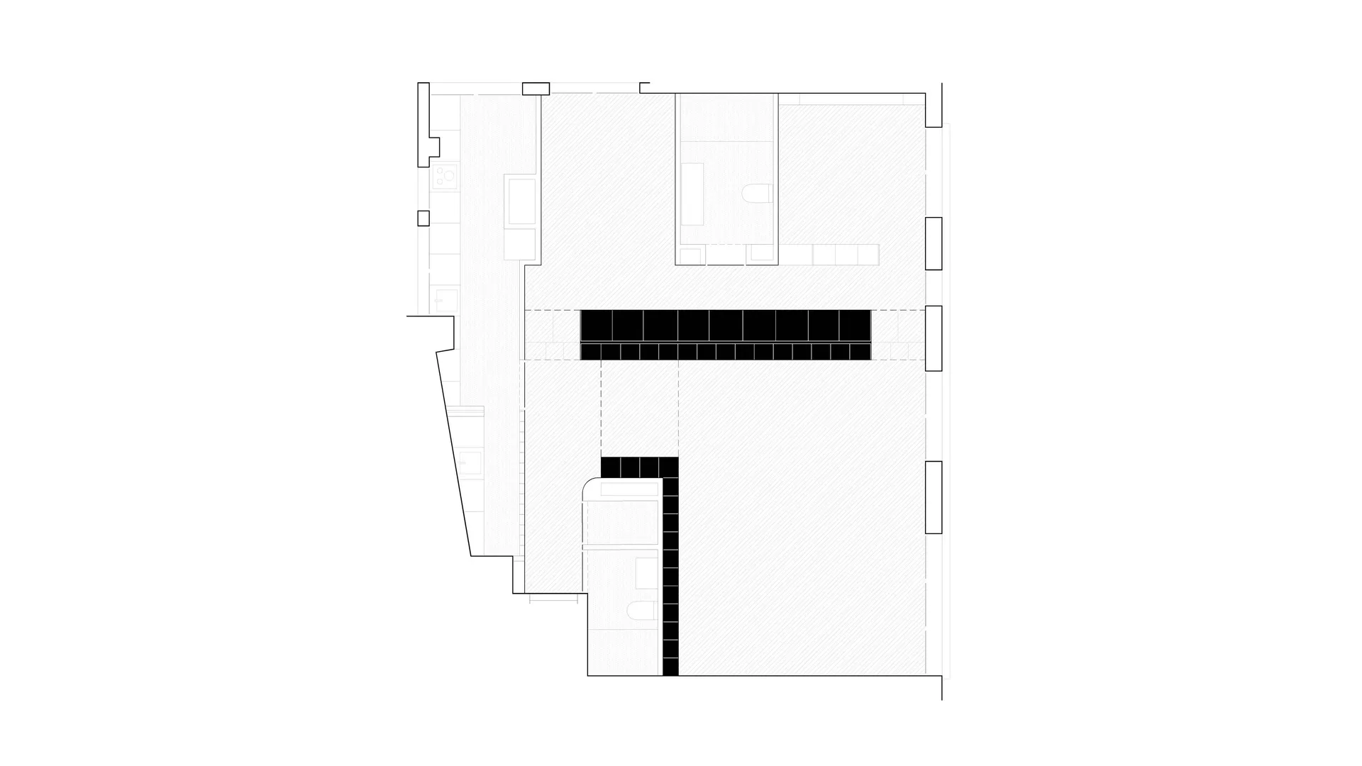 黑白二維建築平面圖，顯示現代住宅的客廳、廚房、臥室與衛浴空間