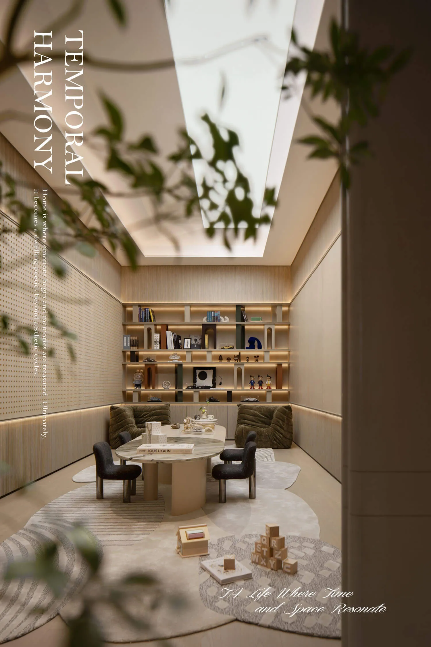 Modern family reading nook featuring two olive-green velvet armchairs, a round marble dining table, built-in backlit shelving filled with books and toys, and a large skylight overhead.