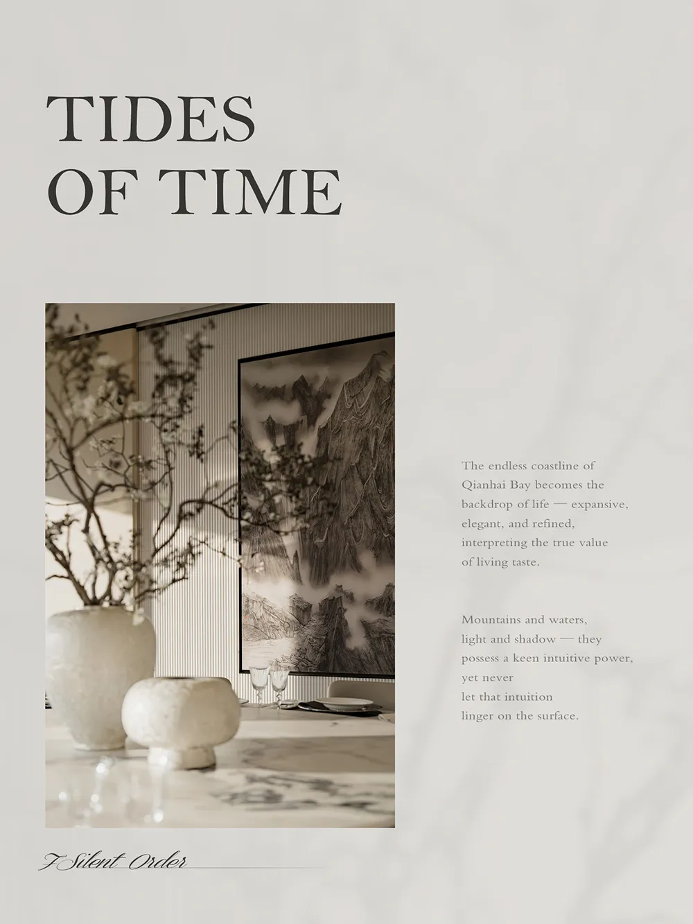 Modern dining room featuring a large black and white Chinese mountain ink painting, white marble table, textured ceramic vases with dried branches, and soft natural lighting.