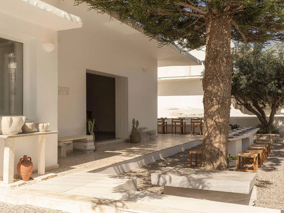 Bright Mediterranean courtyard with white plastered walls, travertine stone benches and tables, a large olive tree providing shade, and terracotta pottery on a stone console.