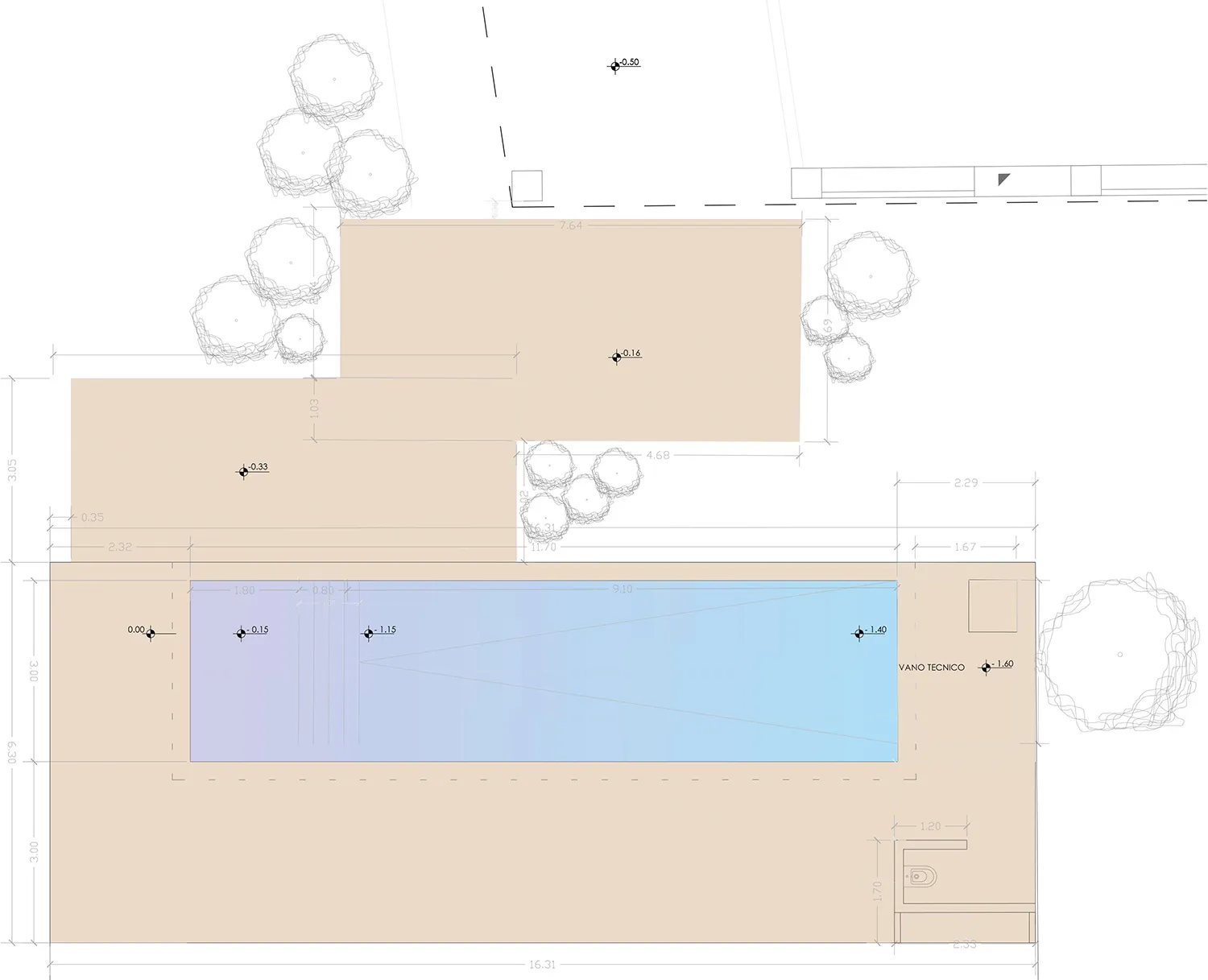 Architectural site plan showing a rectangular swimming pool, building footprints, tree clusters, and detailed dimensions in meters.