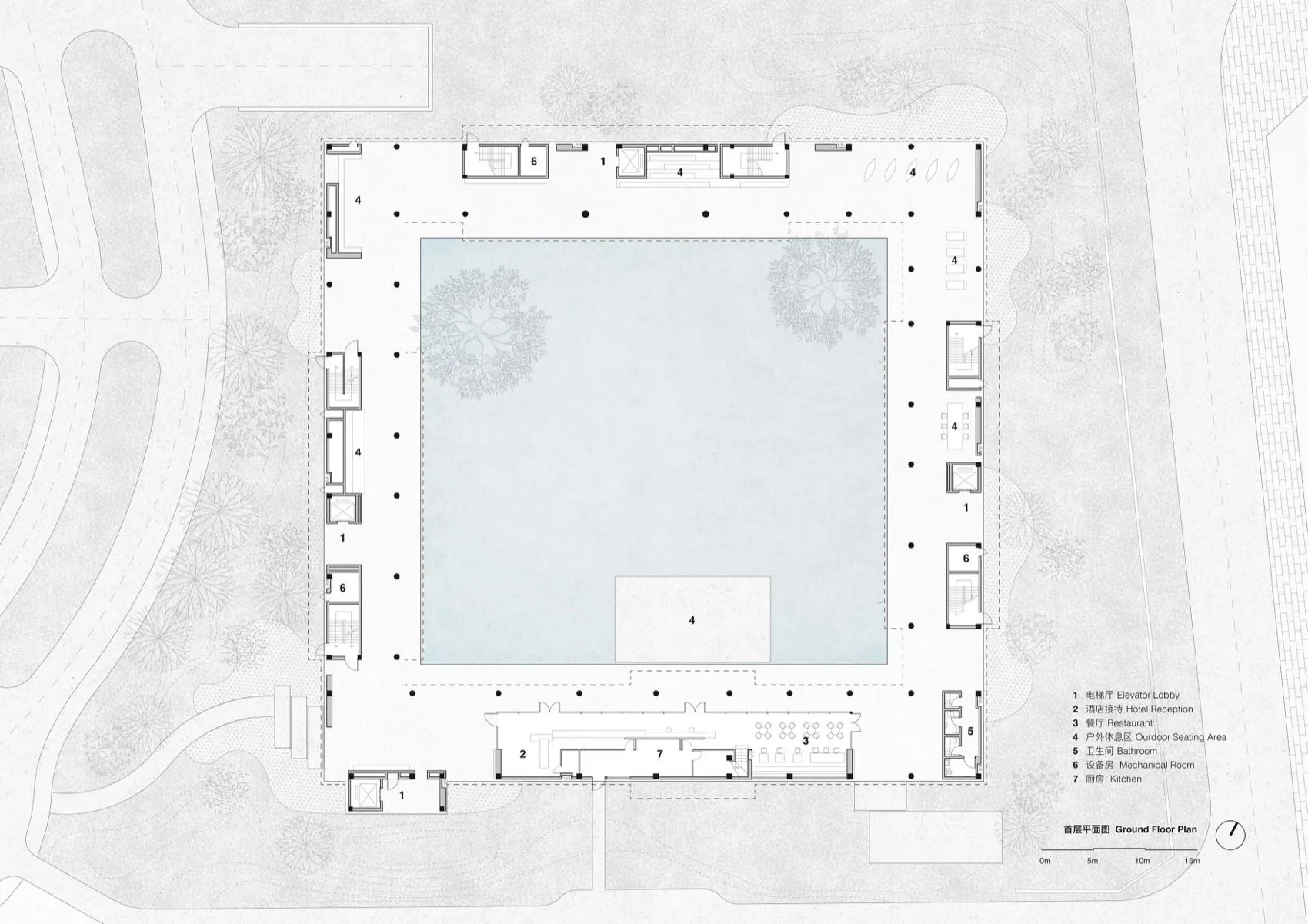 Monochrome architectural ground floor plan of a luxury hotel featuring a spacious central courtyard, labeled rooms including elevator lobby, hotel reception, restaurant, outdoor seating, bathrooms, mechanical rooms and kitchen.